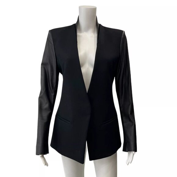 $1275 Helmut Lang Black Wool Leather Panel Blazer Jacket size 8 - Picture 1 of 13